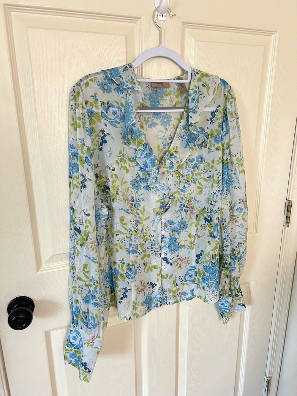 100% Floral Silk Long Sleeve Blouse Size XL Button Down Ruffles Modest Classy